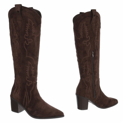 BOTTES WESTERN HAUTES MARRON ASPECT DAIM – SURPIQÛRES BRODÉES & TALON BOIS MISS ASHER