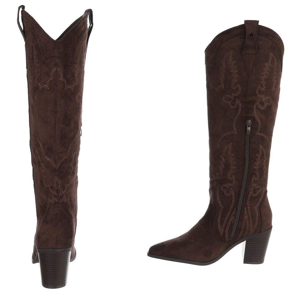 BOTTES WESTERN HAUTES MARRON ASPECT DAIM – SURPIQÛRES BRODÉES & TALON BOIS MISS ASHER