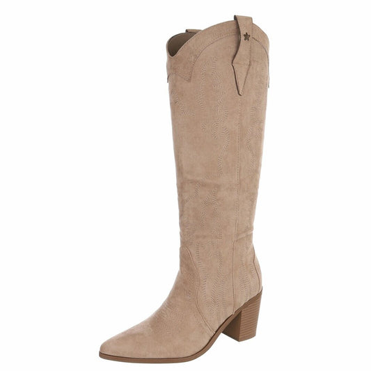 BOTTES WESTERN HAUTES BEIGE ASPECT DAIM – SURPIQÛRES BRODÉES & TALON BOIS MISS ASHER