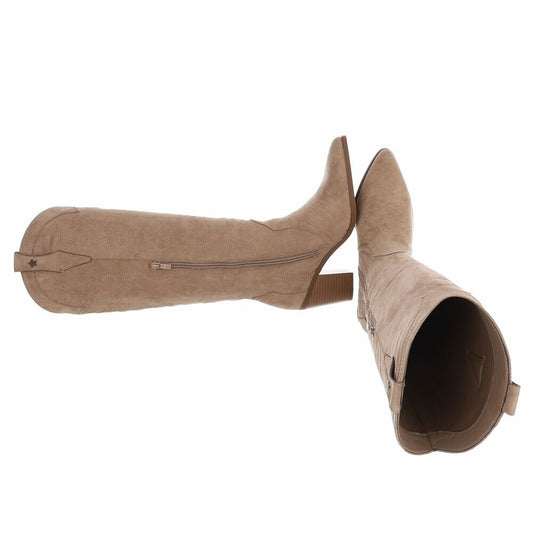 BOTTES WESTERN HAUTES BEIGE ASPECT DAIM – SURPIQÛRES BRODÉES & TALON BOIS MISS ASHER