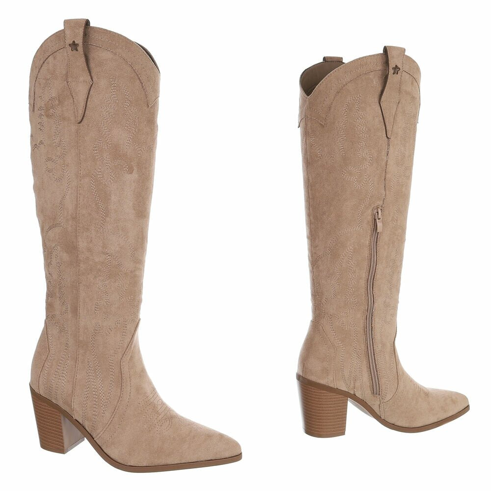 BOTTES WESTERN HAUTES BEIGE ASPECT DAIM – SURPIQÛRES BRODÉES & TALON BOIS MISS ASHER