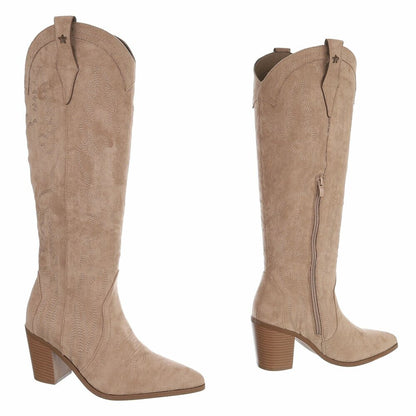 BOTTES WESTERN HAUTES BEIGE ASPECT DAIM – SURPIQÛRES BRODÉES & TALON BOIS MISS ASHER