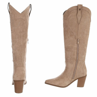 BOTTES WESTERN HAUTES BEIGE ASPECT DAIM – SURPIQÛRES BRODÉES & TALON BOIS MISS ASHER