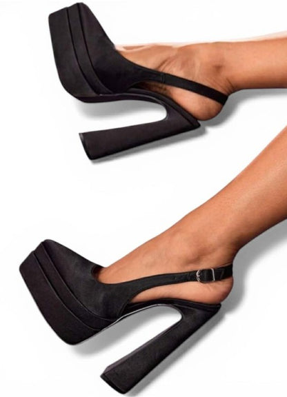 Escarpins Plateforme en Satin Noir - Talon Bloc Haut et Bride Arrière MISS ADALINE SATIN NOIR