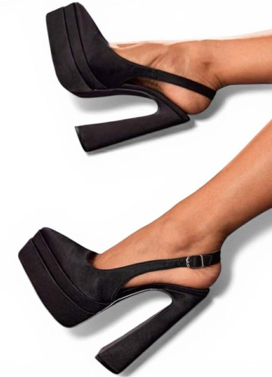 Escarpins Plateforme en Satin Noir - Talon Bloc Haut et Bride Arrière MISS ADALINE SATIN NOIR