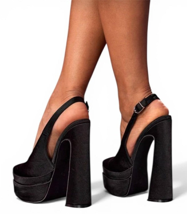 Escarpins Plateforme en Satin Noir - Talon Bloc Haut et Bride Arrière MISS ADALINE SATIN NOIR