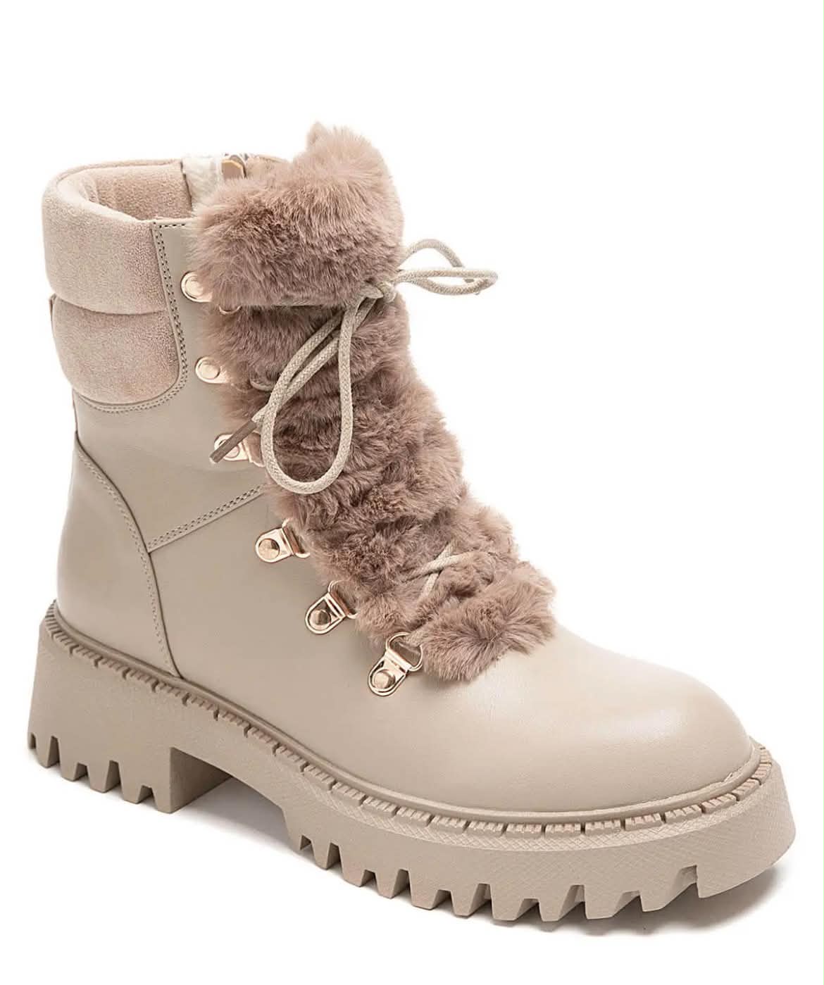BOOTS SIMILICUIR BEIGE FAUSSE FOURRURE LACETS SEMELLE CRANTÉE – MISSKCY