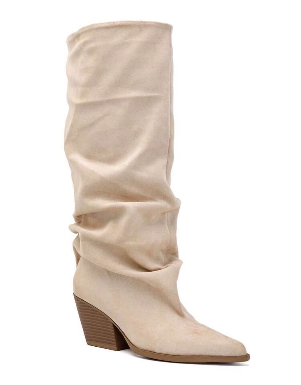 BOTTES HAUTES EFFET FROISSÉ BOUT POINTU TALON BISEAUTÉ – MISS GRACE BEIGE