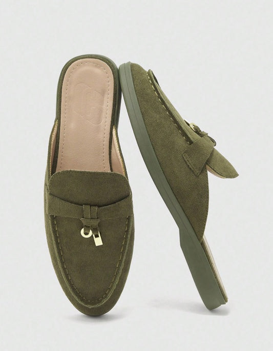 Mules Loafers khaki à Détails Bijoux