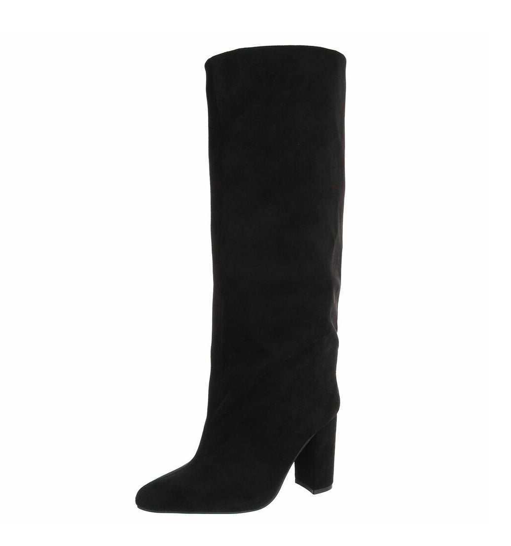 BOTTES HAUTES NOIRES SUÉDINE PREMIUM – TALON HAUT CARRÉ & BOUT POINTU MISS OLFA