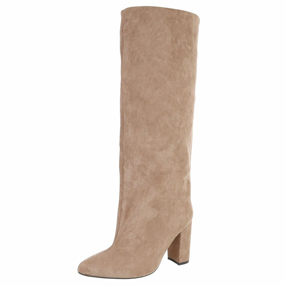BOTTES HAUTES BEIGE SUÉDINE PREMIUM – TALON HAUT CARRÉ & BOUT POINTU MISS OLFA