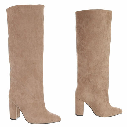 BOTTES HAUTES BEIGE SUÉDINE PREMIUM – TALON HAUT CARRÉ & BOUT POINTU MISS OLFA