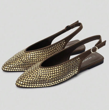 Mules ballerines marron à Détails cloutés or