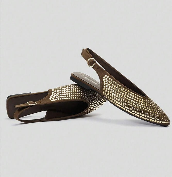 Mules ballerines marron à Détails cloutés or