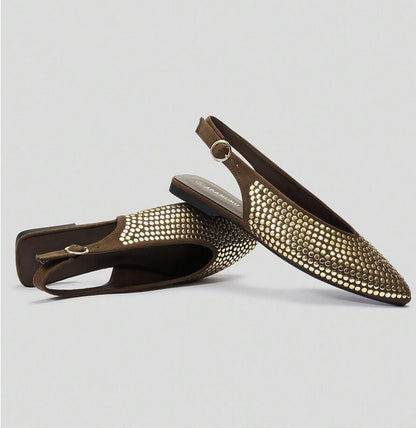 Mules ballerines marron à Détails cloutés or