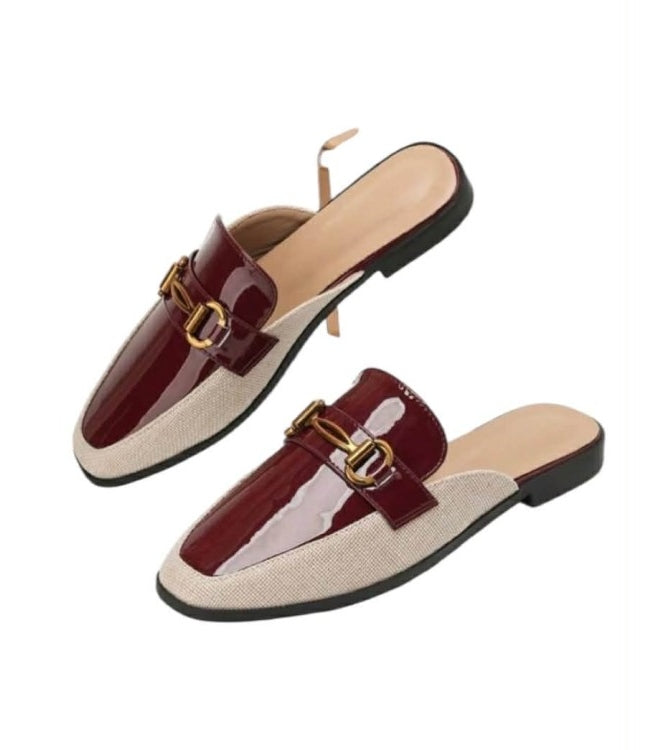 Mules Élégantes Bimatière à Mors Doré - Bordeaux & Beige