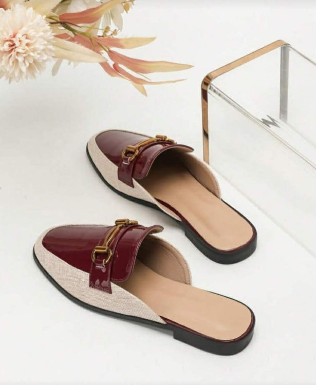 Mules Élégantes Bimatière à Mors Doré - Bordeaux & Beige