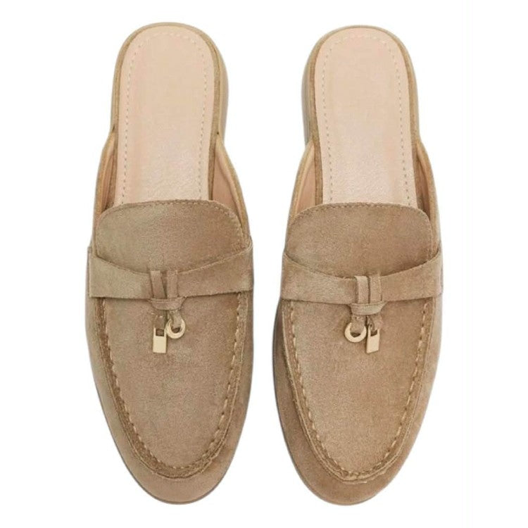 Mules Loafers en suédine Taupe avec Détails Bijoux Dorés - Collection Femme