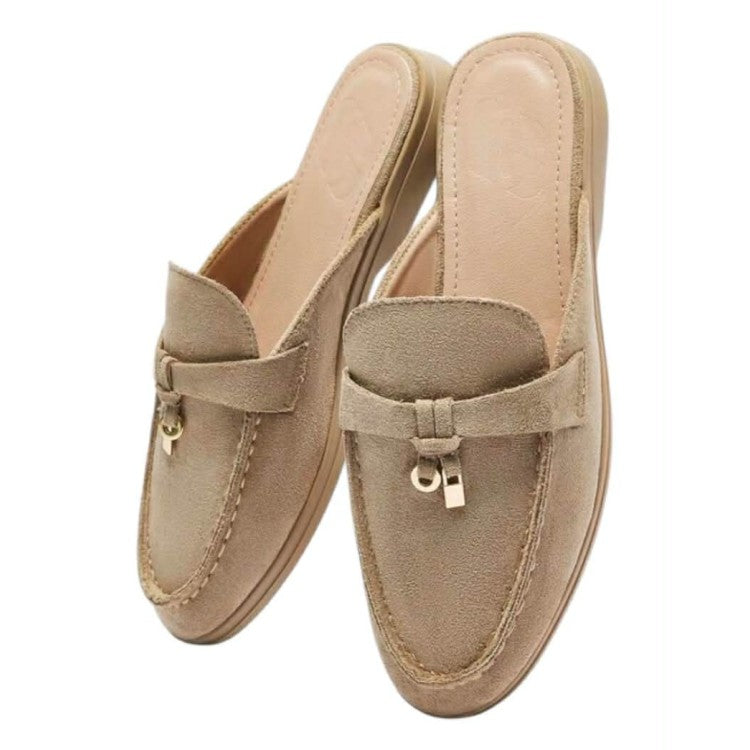 Mules Loafers en suédine Taupe avec Détails Bijoux Dorés - Collection Femme