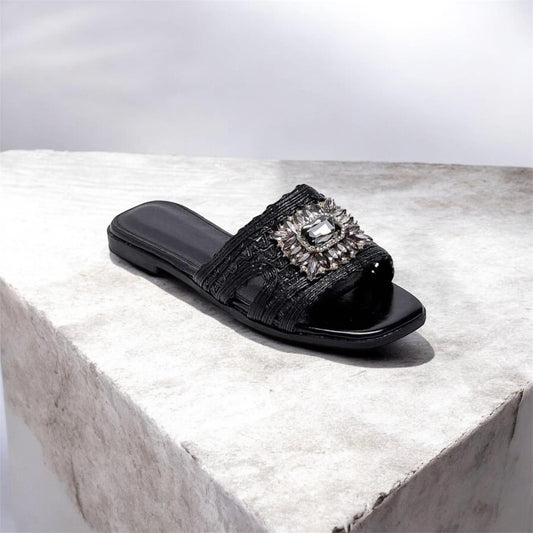 Mules plates bijoux – Élégance noir