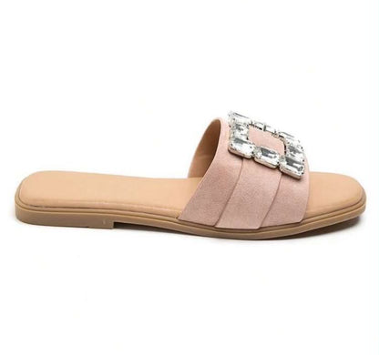 Mules plates ornées de strass – Élégance décontractée rose