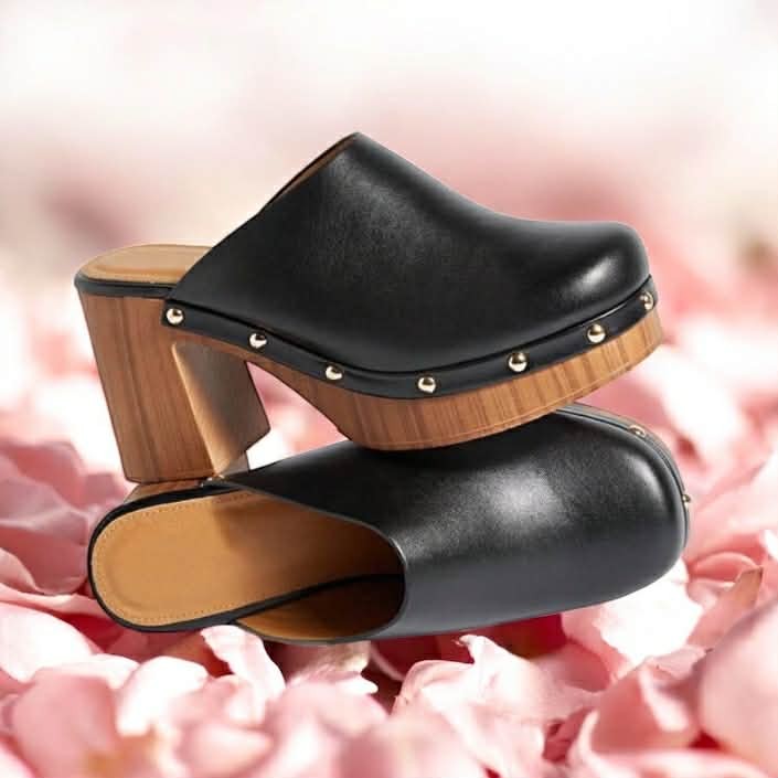 Sabots boheme en Cuir Noir synthétique à Talons Hauts – Style Rétro & Finition Clous Dorés - MissKCY