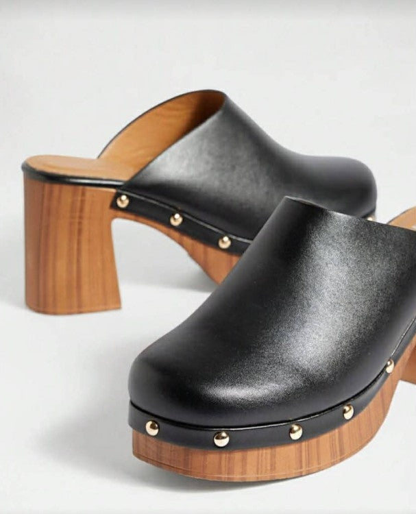 Sabots boheme en Cuir Noir synthétique à Talons Hauts – Style Rétro & Finition Clous Dorés - MissKCY