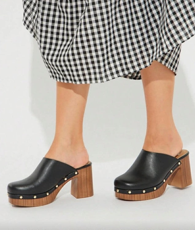 Sabots boheme en Cuir Noir synthétique à Talons Hauts – Style Rétro & Finition Clous Dorés - MissKCY