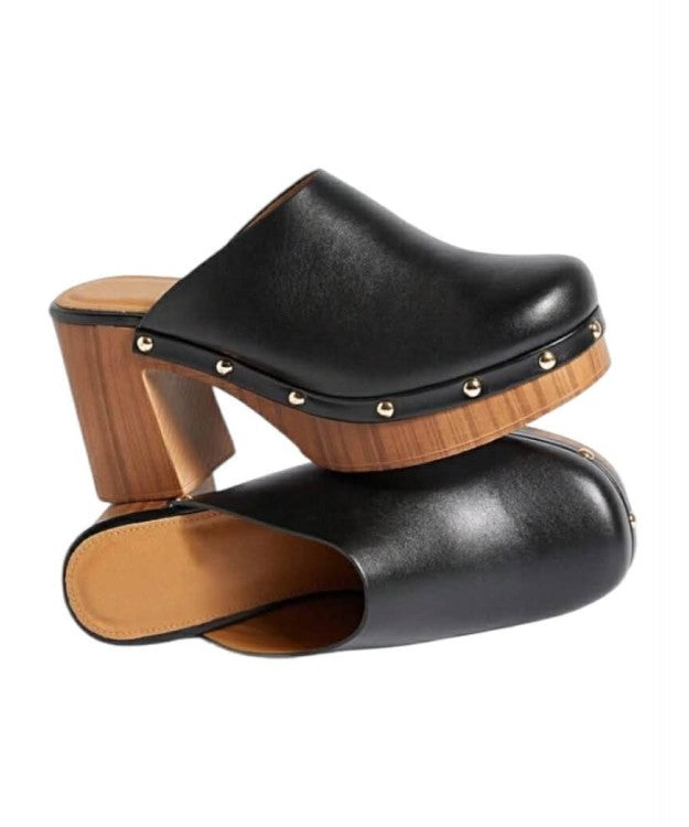 Sabots boheme en Cuir Noir synthétique à Talons Hauts – Style Rétro & Finition Clous Dorés - MissKCY