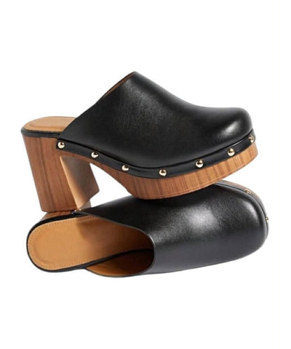 Sabots boheme en Cuir Noir synthétique à Talons Hauts – Style Rétro & Finition Clous Dorés - MissKCY
