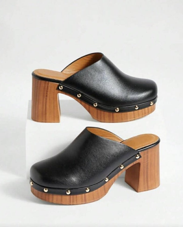 Sabots boheme en Cuir Noir synthétique à Talons Hauts – Style Rétro & Finition Clous Dorés - MissKCY