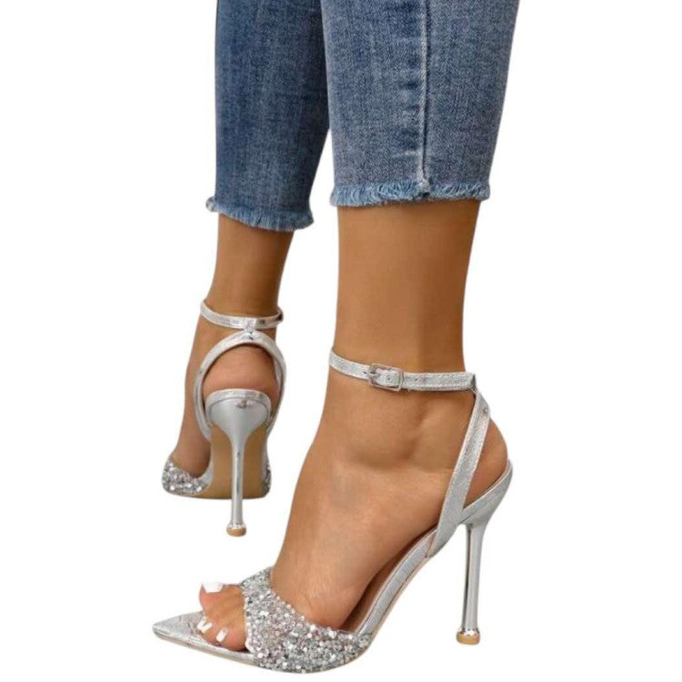 Sandales argentées à talon aiguille et strass – Élégance glamour Miss Mariella