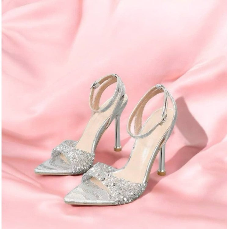 Sandales argentées à talon aiguille et strass – Élégance glamour Miss Mariella