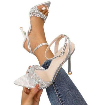 Sandales argentées à talon aiguille et strass – Élégance glamour Miss Mariella