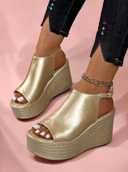 Sandales compensées de fête ultra légères – Modèle “Élégance Corde” Doré Or