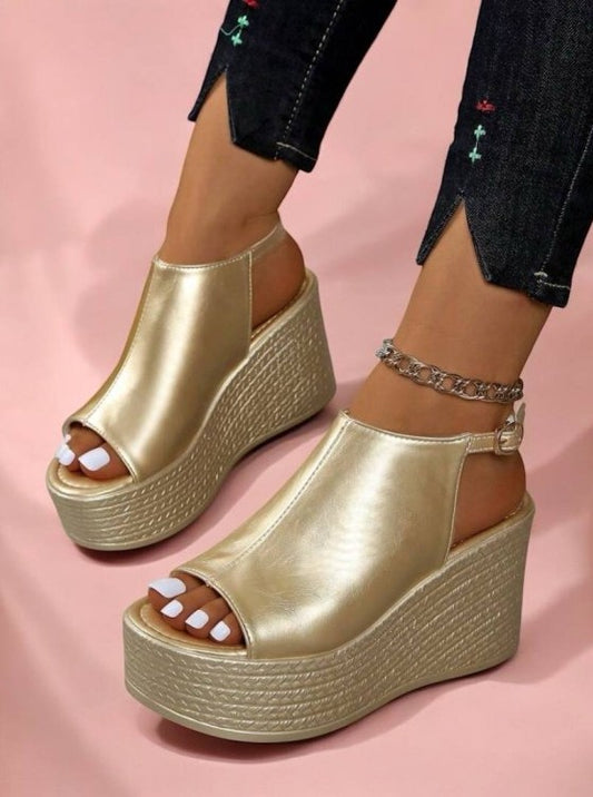 Sandales compensées de fête ultra légères – Modèle “Élégance Corde” Doré Or