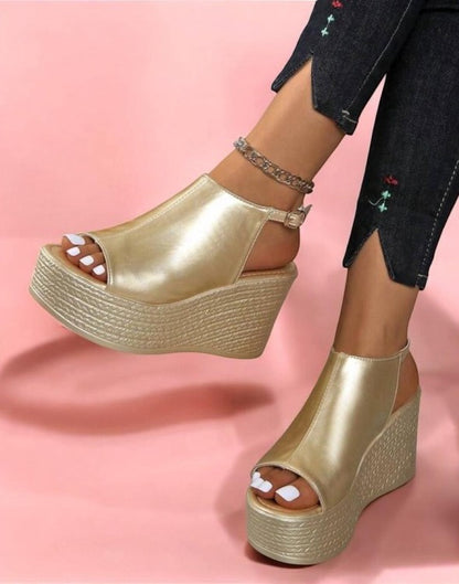 Sandales compensées de fête ultra légères – Modèle “Élégance Corde” Doré Or