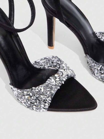 Sandales noir à talon aiguille et strass – Élégance glamour Miss Cooper Noir Argent