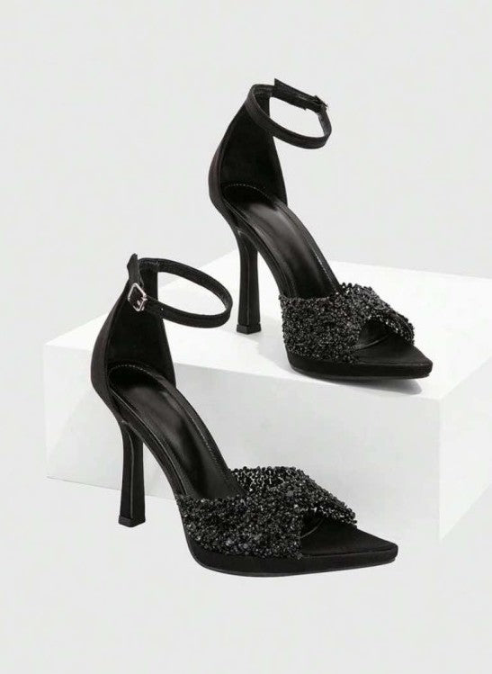 Sandales noir à talon aiguille et strass – Élégance glamour Miss Cooper Noir