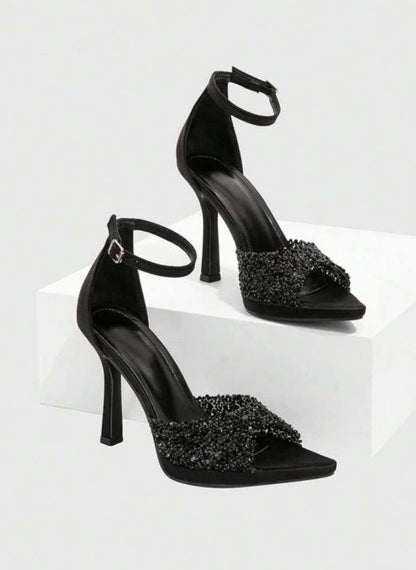 Sandales noir à talon aiguille et strass – Élégance glamour Miss Cooper Noir
