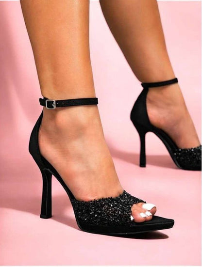 Sandales noir à talon aiguille et strass – Élégance glamour Miss Cooper Noir