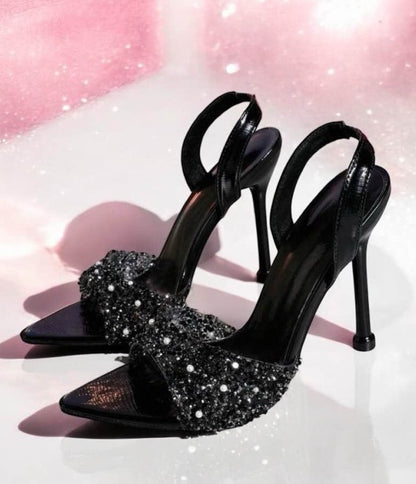 Sandales noir à talon aiguille et strass – Élégance glamour Miss Mariella