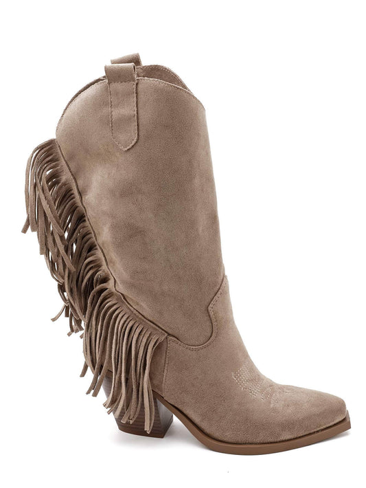 BOTTES SANTIAGS BEIGE TAUPE À FRANGES FEMME EFFET DAIM MISS