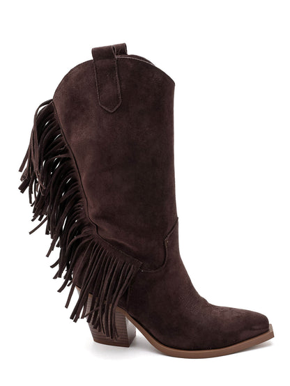 BOTTES SANTIAGS MARRON CHOCOLAT À FRANGES FEMME EFFET DAIM | MISS CASSANDRE