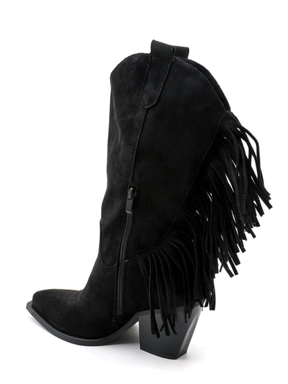 BOTTES SANTIAGS NOIRES À FRANGES FEMME EFFET DAIM MISS CASSANDRE
