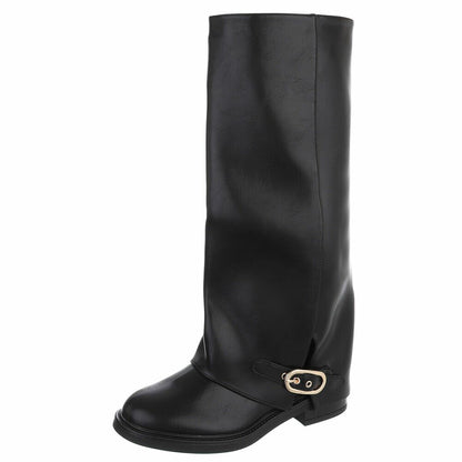 BOTTES HAUTES NOIRES ASPECT CUIR – EFFET GUÊTRE & BOUCLE DORÉE MISS MARIAH
