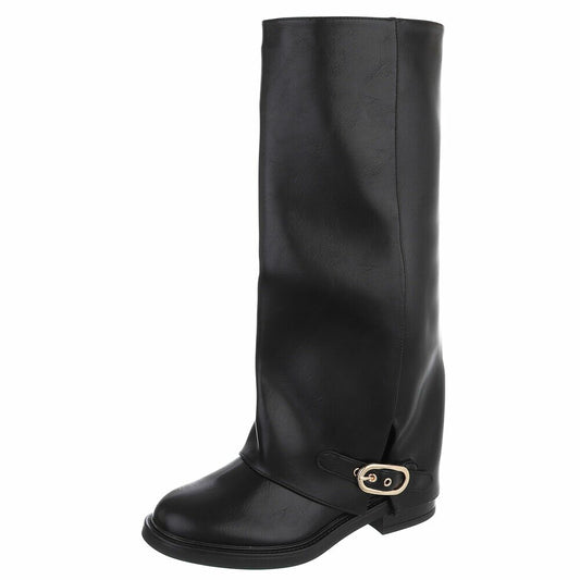 BOTTES HAUTES NOIRES ASPECT CUIR – EFFET GUÊTRE & BOUCLE DORÉE MISS MARIAH