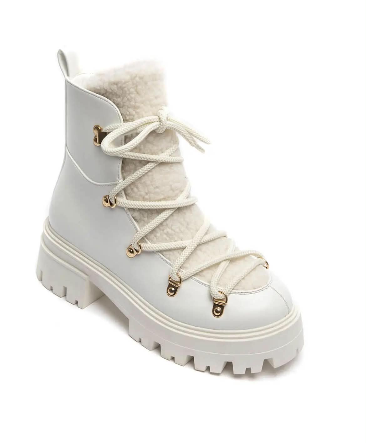 BOOTS SIMILICUIR BLANC FOURRURE SHERPA LACETS SEMELLE PLATEFORME – MISSKCY