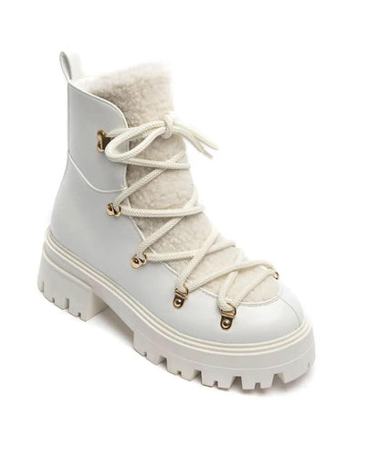 BOOTS SIMILICUIR BLANC FOURRURE SHERPA LACETS SEMELLE PLATEFORME – MISSKCY