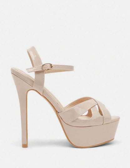 Sandales à Plateforme et Talon Aiguille – Beige Vernis Élégant